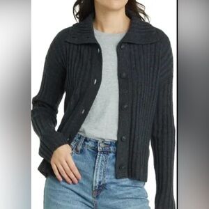 Madewell Dark Gray Wool Blend Oversized Collar Cardigan Sweater Size‎ XS  Ribbed